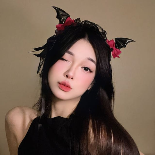 Set:  Halloween Devil Wings Bow Hair Clip + Lace Headband