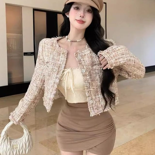 Button Neck Cropped Round Tweed Jacket