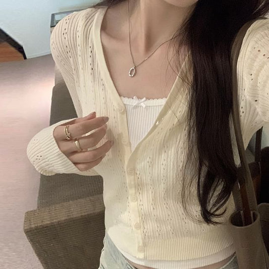 Plain Cardigan Button-Up V-Neck