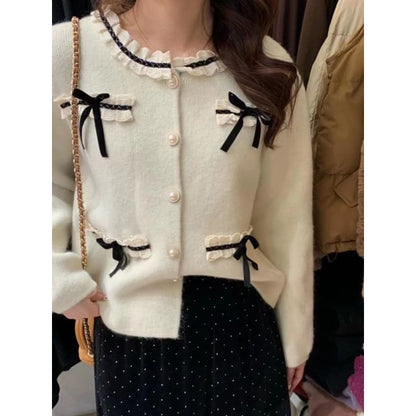 Bow-Accent Lace-Trim Crew-Neck Cardigan