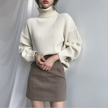 Bubble-Sleeve High-Neck Ribbed Sweater