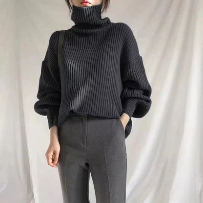 Bubble-Sleeve High-Neck Ribbed Sweater