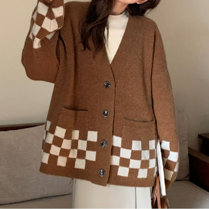 Oversized Checker V-Neck Cardigan