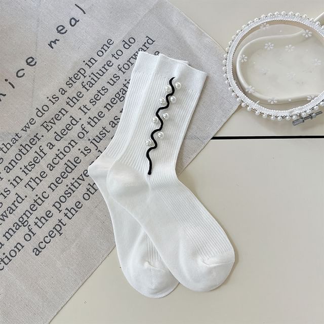 Faux Pearl Ribbed Socks