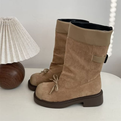 Cap Toe Bow Platform Chunky Heel Short Boots