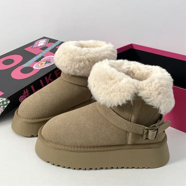 Buckled Fluffy Trim Platform Short Boots