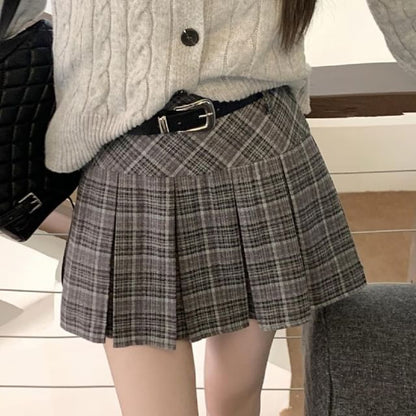 High Rise Plaid Pleated Mini A-Line Skirt