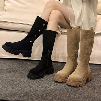 Button Suede Faux Boots Mid Calf Platform