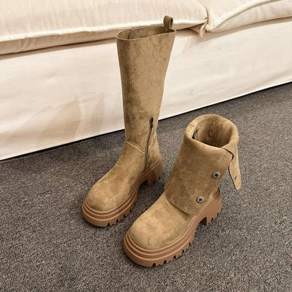 Button Suede Faux Boots Mid Calf Platform