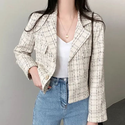 Lapel Collar Plaid Tweed Cropped Button Jacket