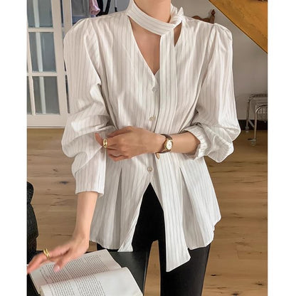 Long Sleeve V-Neck Striped Tie Front Blouse