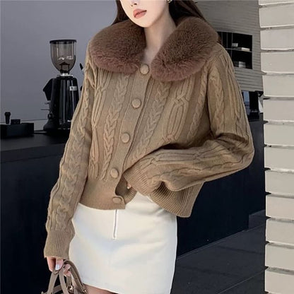 Faux Fur-Collar Cable-Knit Cardigan in 6 Colors