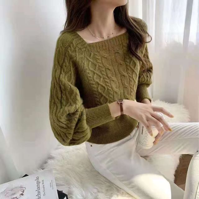 Square-Neck Cable-Knit Loose Sweater in 13 Colors