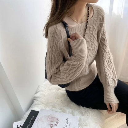 Square-Neck Cable-Knit Loose Sweater in 13 Colors