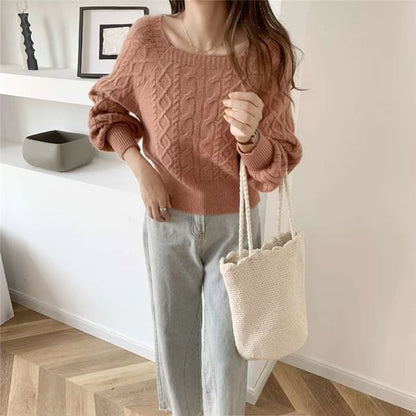 Square-Neck Cable-Knit Loose Sweater in 13 Colors