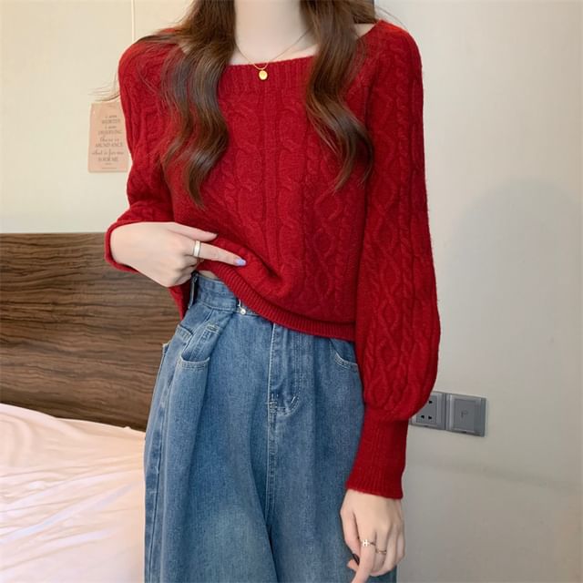 Square-Neck Cable-Knit Loose Sweater in 13 Colors