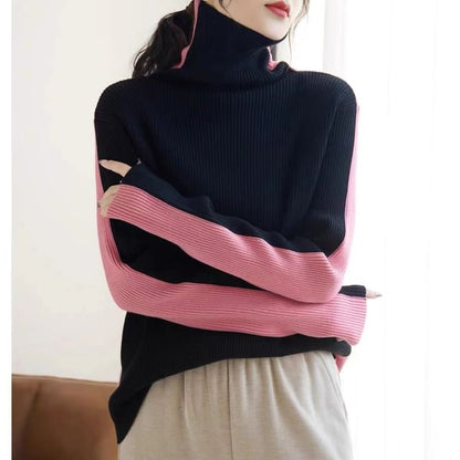 Turtleneck Colorblock Ribbed-Knit Sweater