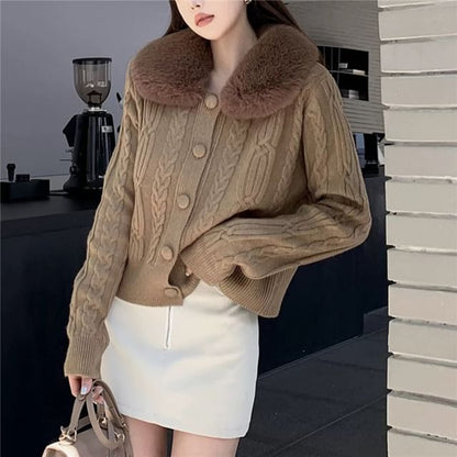 Faux Fur-Collar Cable-Knit Cardigan in 6 Colors