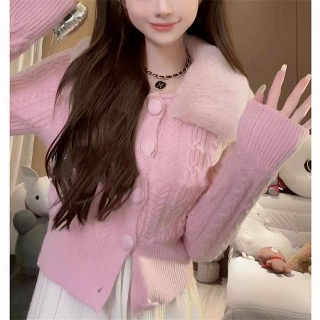 Faux Fur-Collar Cable-Knit Cardigan in 6 Colors