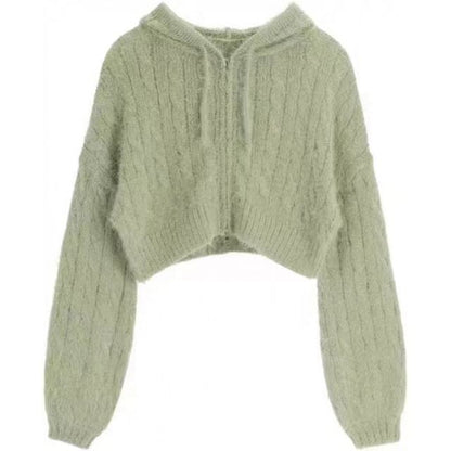 Cropped Cable-Knit Hooded Zipper Cardigan in 6 Colors