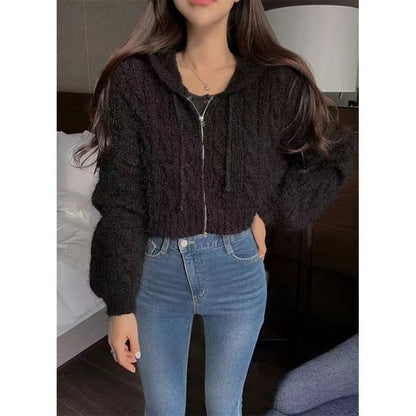 Cropped Cable-Knit Hooded Zipper Cardigan in 6 Colors