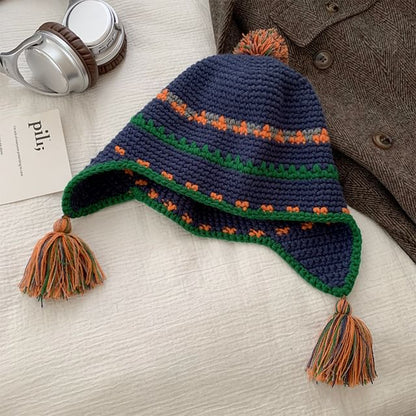 Tassel Striped Earflap Beanie