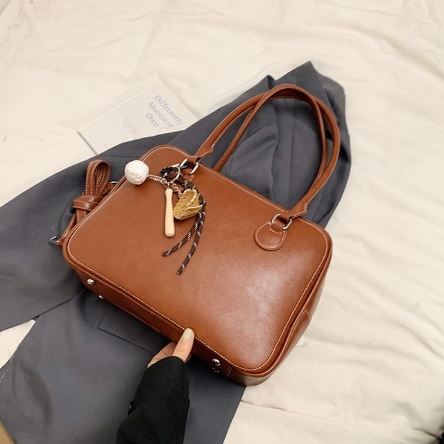 Faux Leather Plain Zip Satchel Bag