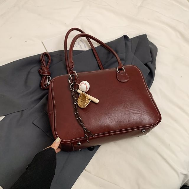 Faux Leather Plain Zip Satchel Bag