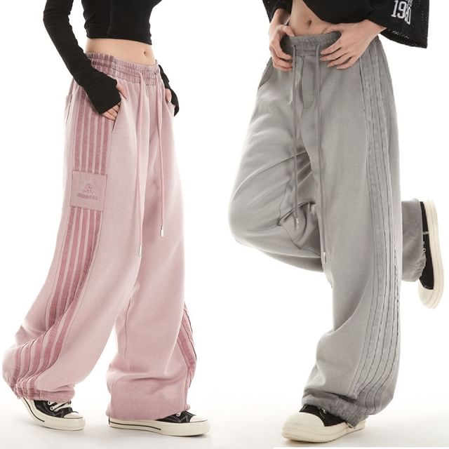 Low Waist Plain Striped Loose-Fit Wide-Leg Sweatpants