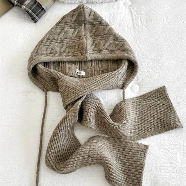 Plain Cable Scarf Hooded Knit