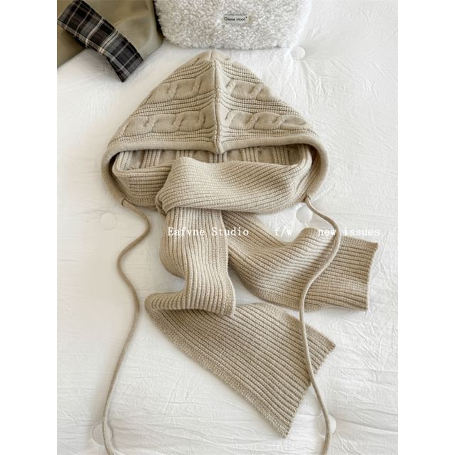 Plain Cable Scarf Hooded Knit