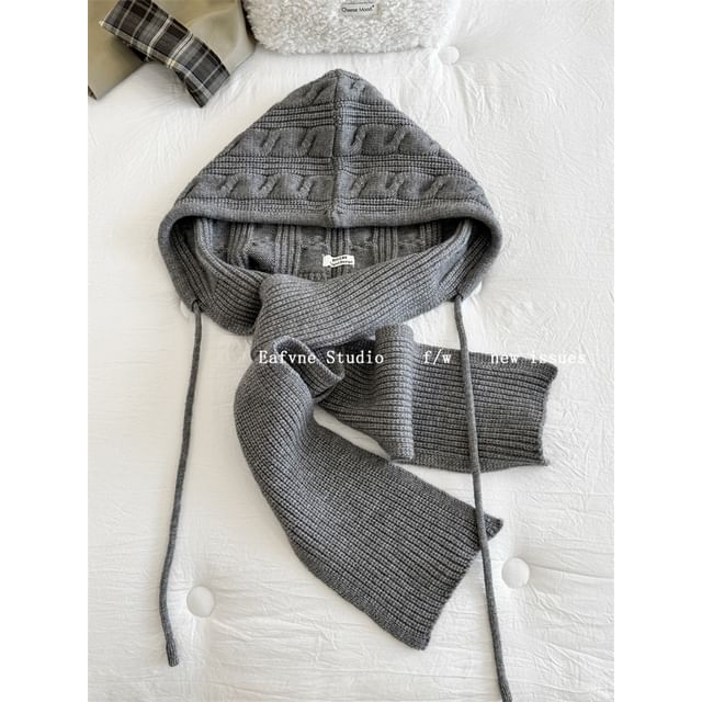Plain Cable Scarf Hooded Knit