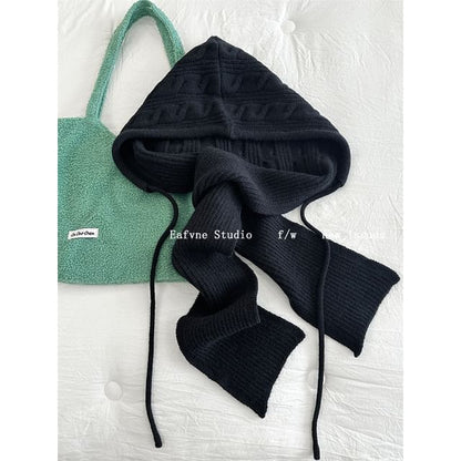 Plain Cable Scarf Hooded Knit