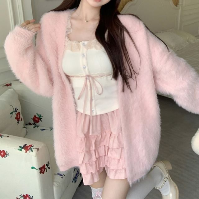 Fluffy Mini Top High A-Line Open Skirt Cardigan Plain Trim / Lace Front Cami Waist Ruffle