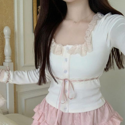 Fluffy Mini Top High A-Line Open Skirt Cardigan Plain Trim / Lace Front Cami Waist Ruffle