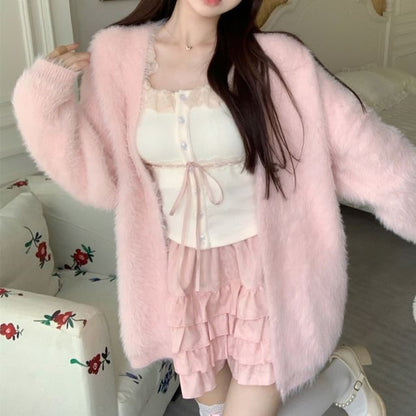 Fluffy Mini Top High A-Line Open Skirt Cardigan Plain Trim / Lace Front Cami Waist Ruffle