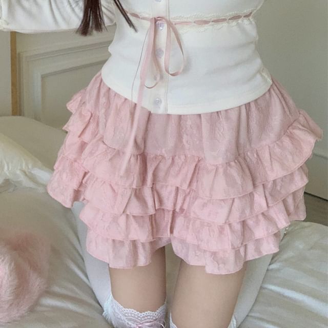 Fluffy Mini Top High A-Line Open Skirt Cardigan Plain Trim / Lace Front Cami Waist Ruffle