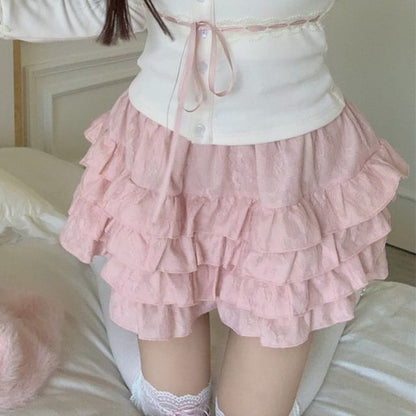 Fluffy Mini Top High A-Line Open Skirt Cardigan Plain Trim / Lace Front Cami Waist Ruffle