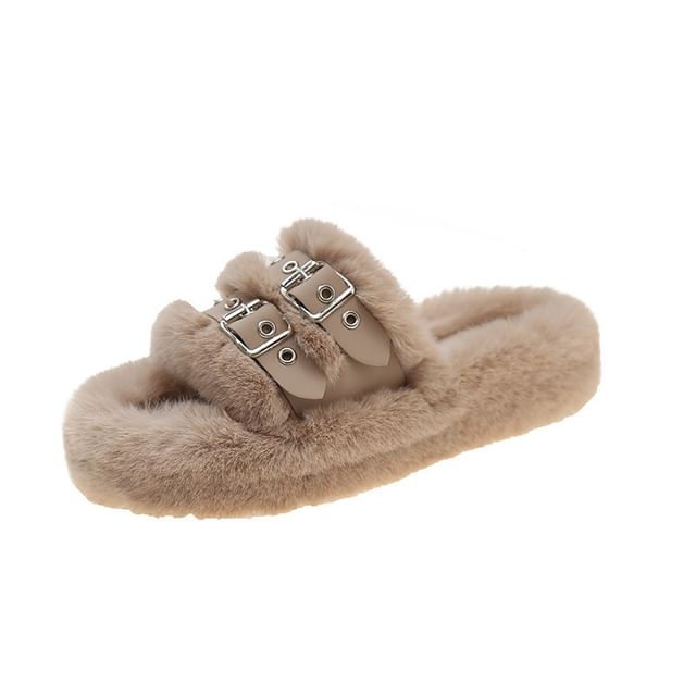 Buckled Fleece Platform Slide Sandals