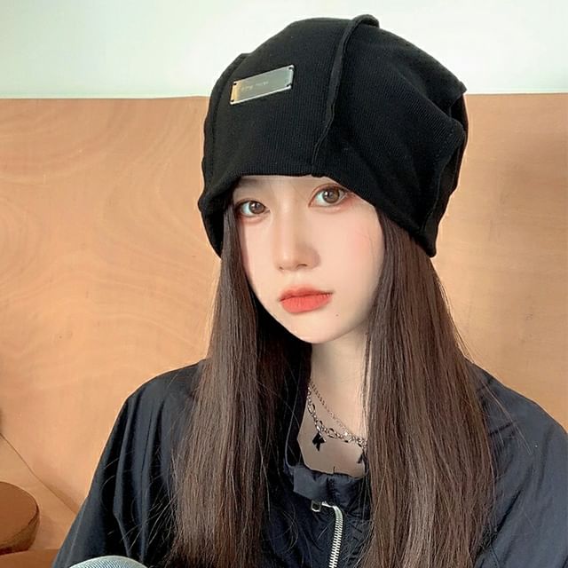 Beanie Ribbed Panel Plain Knit /