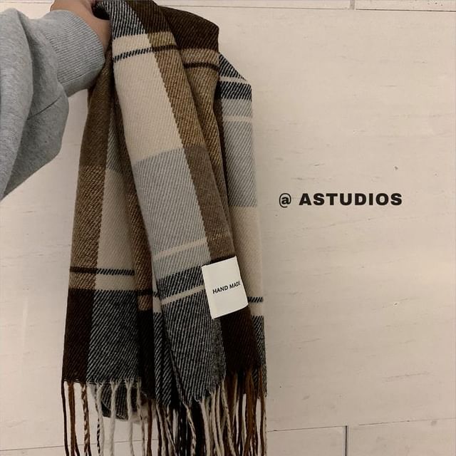 Ribbed Knit Scarf / Button Plain Plaid Snood