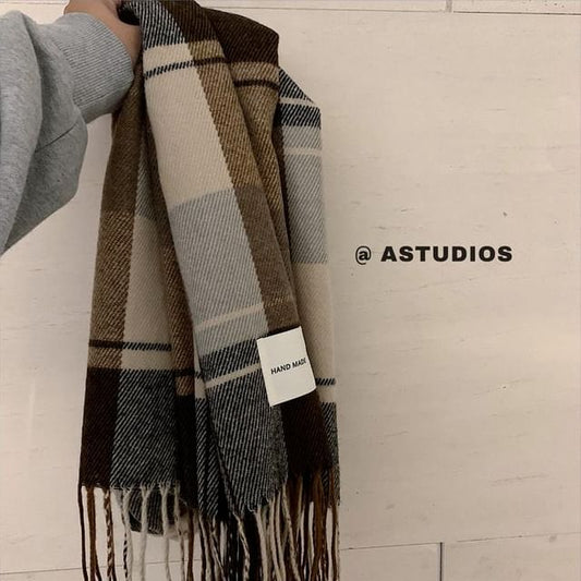 Ribbed Knit Scarf / Button Plain Plaid Snood