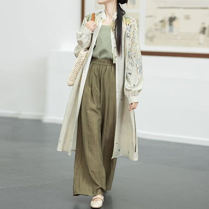 Hanfu Floral Long Cardigan / Plain Camisole Top / Wide Leg Pants / Set