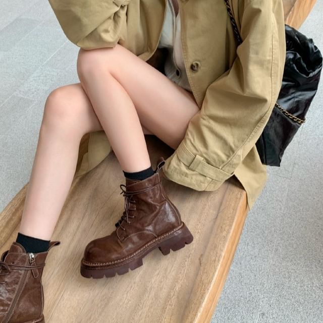 Plain Leather Platform Lace-Up Boots Genuine Short