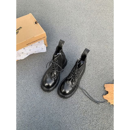 Plain Leather Platform Lace-Up Boots Genuine Short