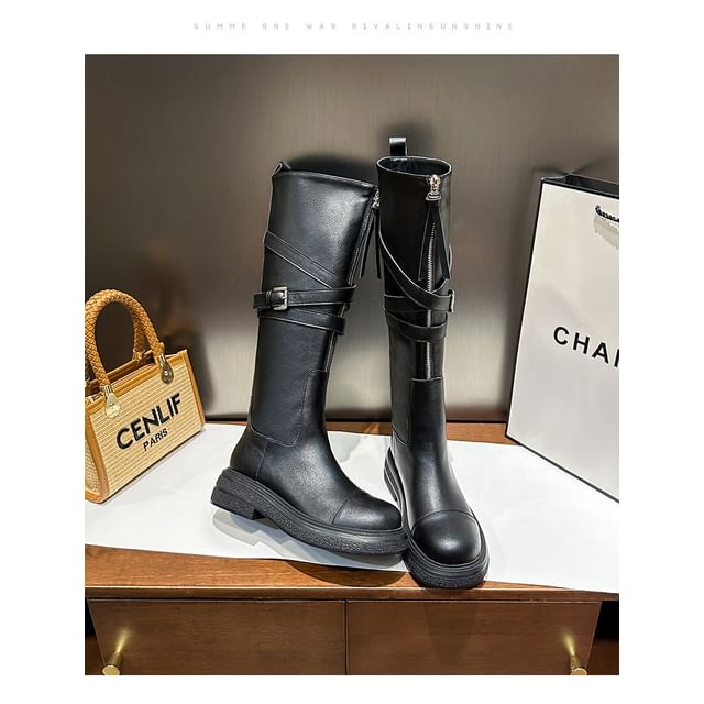 Buckled Boots Plain Zip-Up Leather Faux Tall Platform