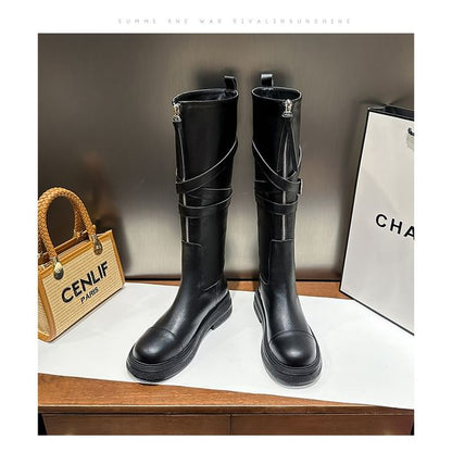 Buckled Boots Plain Zip-Up Leather Faux Tall Platform