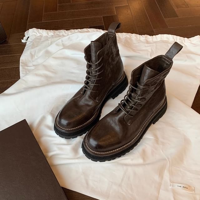 Short Lace-Up Leather Platform Plain Boots Genuine