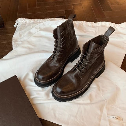 Short Lace-Up Leather Platform Plain Boots Genuine