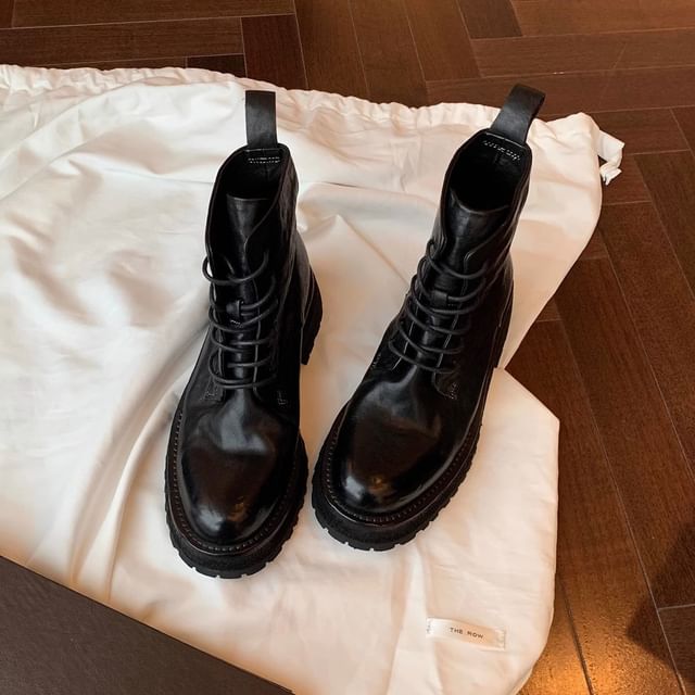 Short Lace-Up Leather Platform Plain Boots Genuine